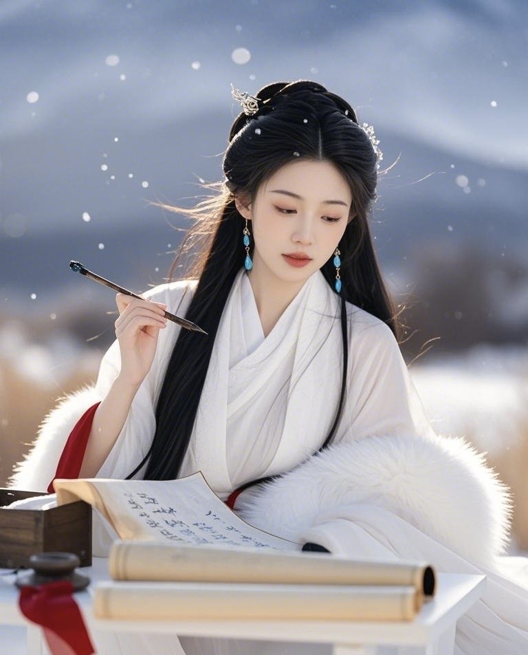 古代书法美女2:雪地间的优雅倩影 雪韵古风:白衣女子在雪境中的诗意