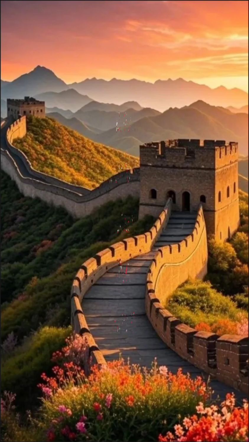 朝霞如火映长城,古砖金闪势峥嵘#溶图风景