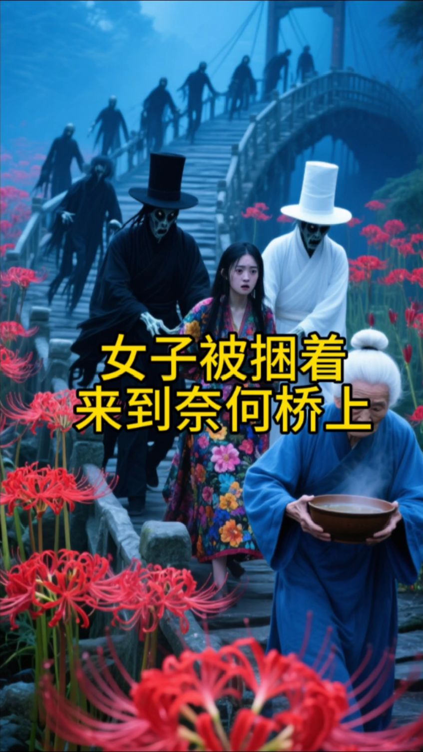 民间故事女子被捆着来到奈何桥上