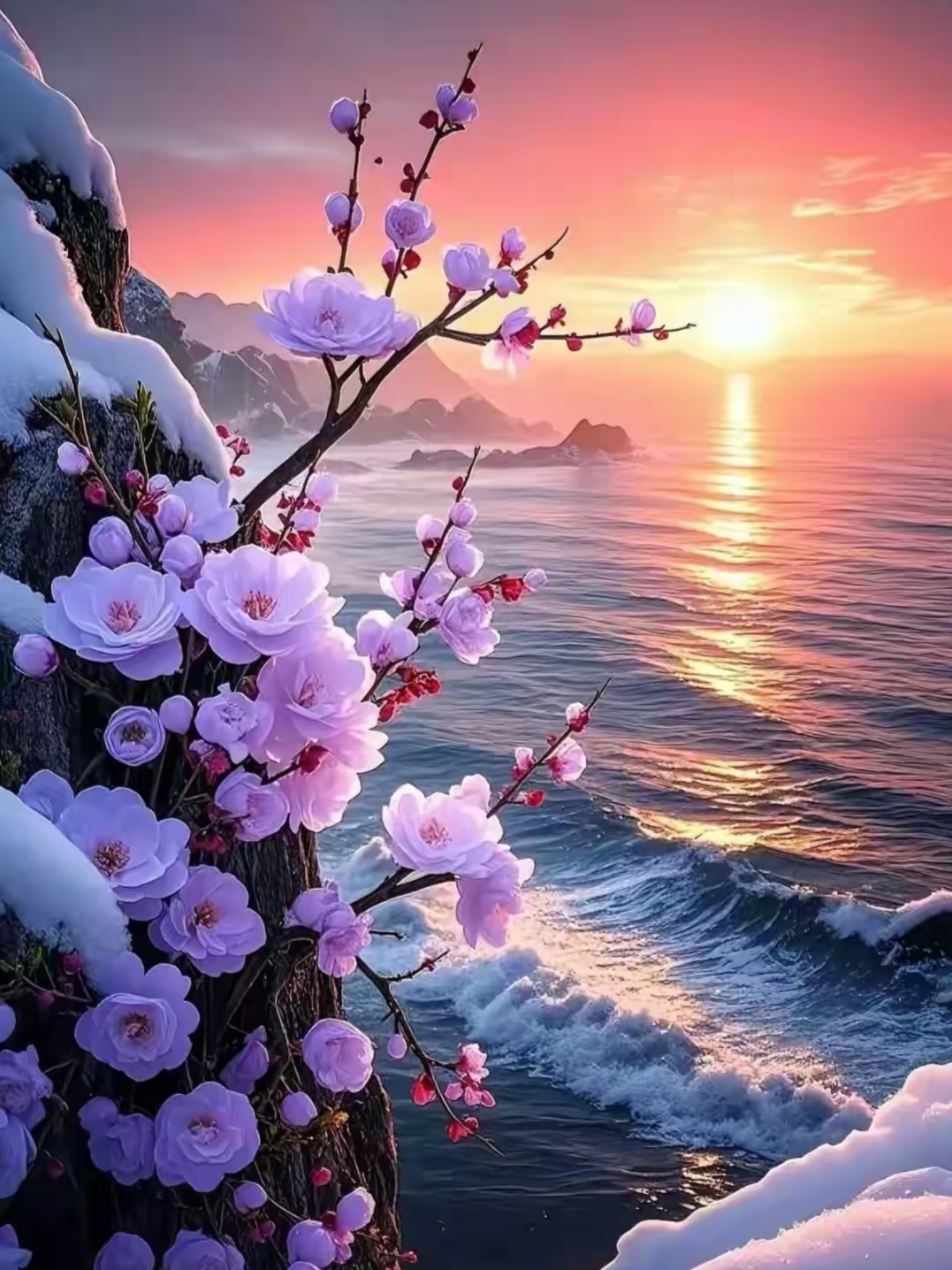 图片红梅雪图片红梅映雪迎夕阳图片雪中有梅花有太阳的图片抖音背景图