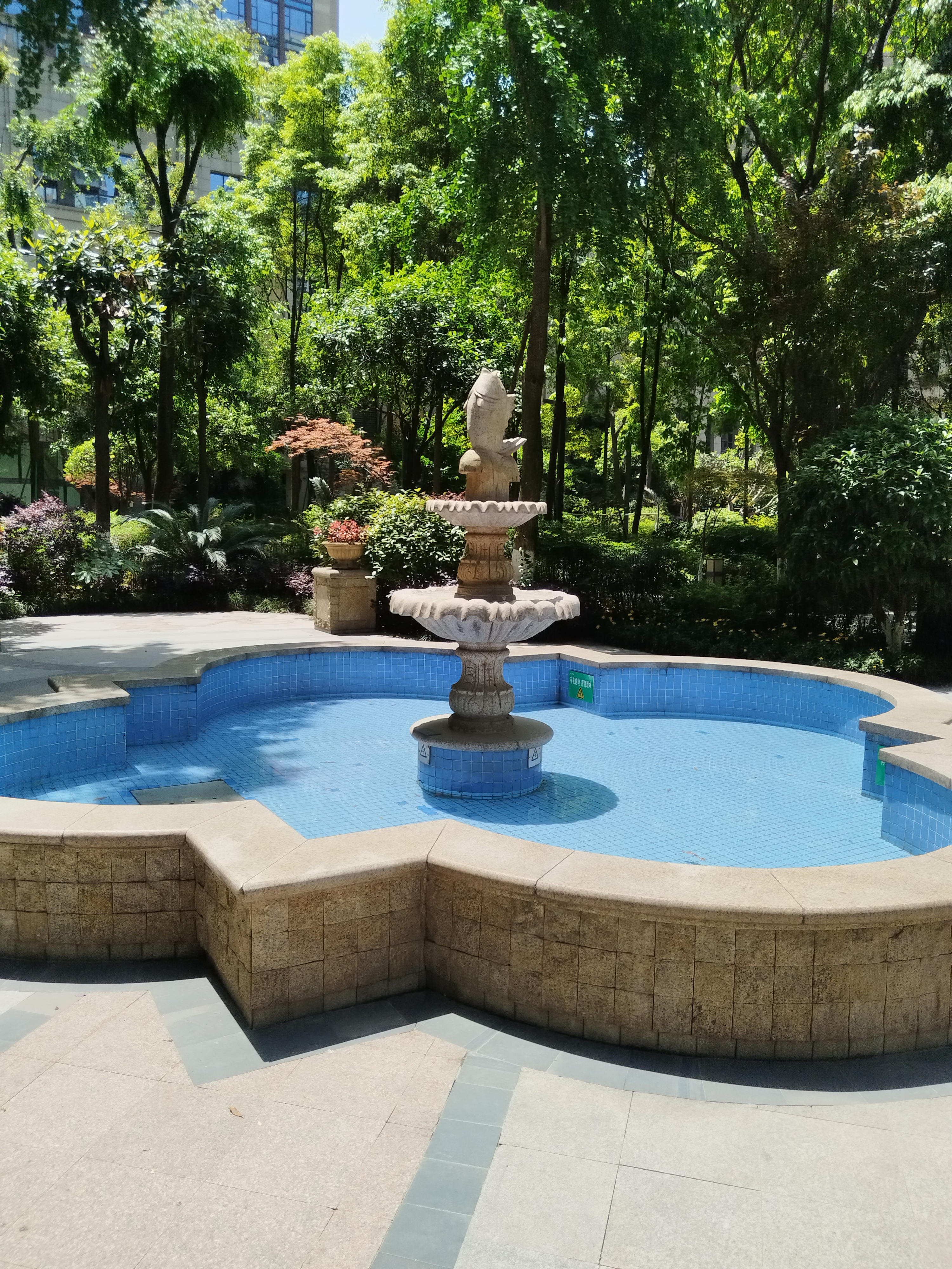 阳光倾洒的午后,小区花园里,喷泉中央的鱼形雕塑灵动