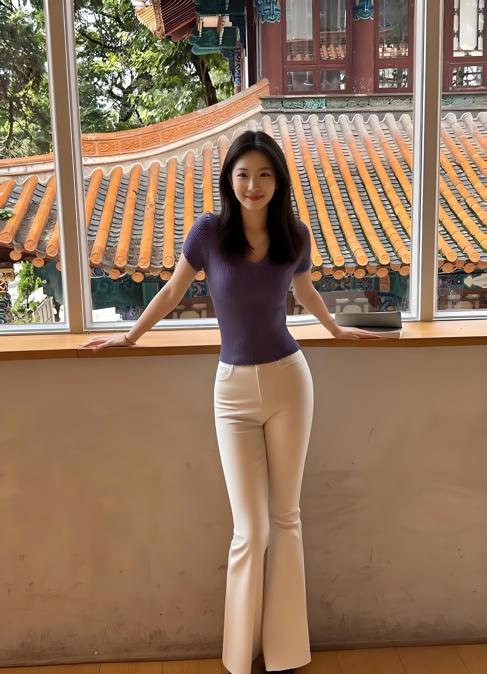 古韵窗景下的"身材暴击" 香芋紫露肩上衣 高腰白喇叭裤,把曲线和氛围