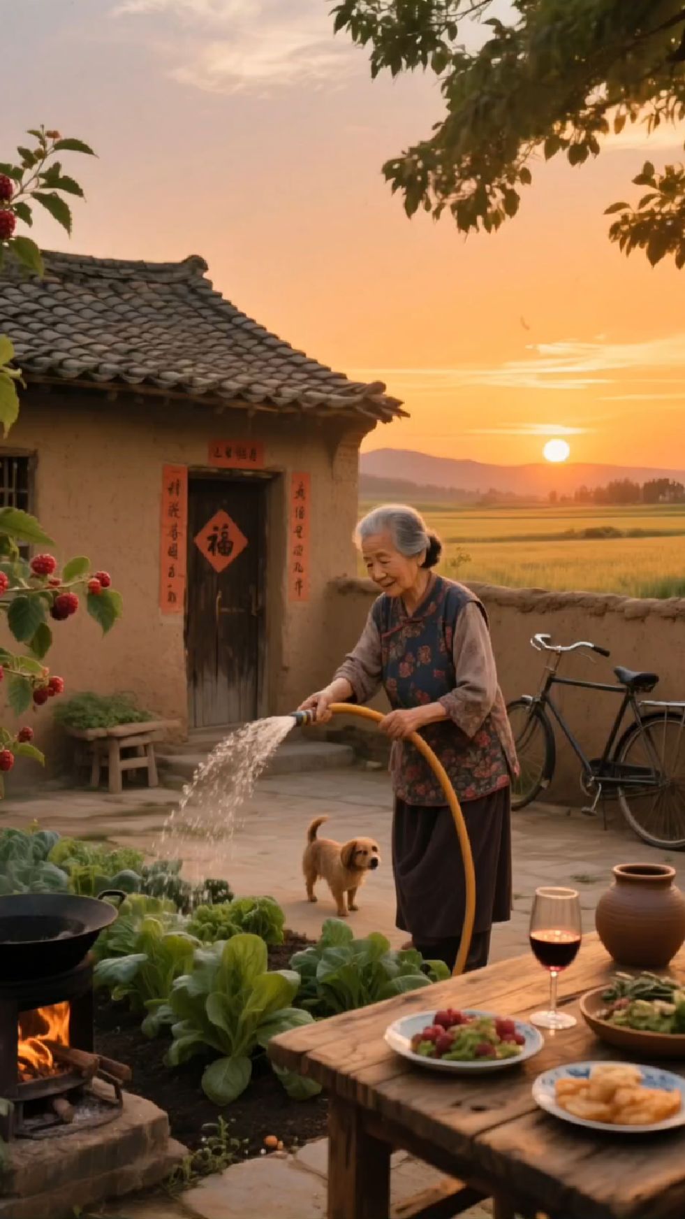 在日落余晖的温柔照耀下,一位慈祥的老奶奶正在她的小院里浇菜