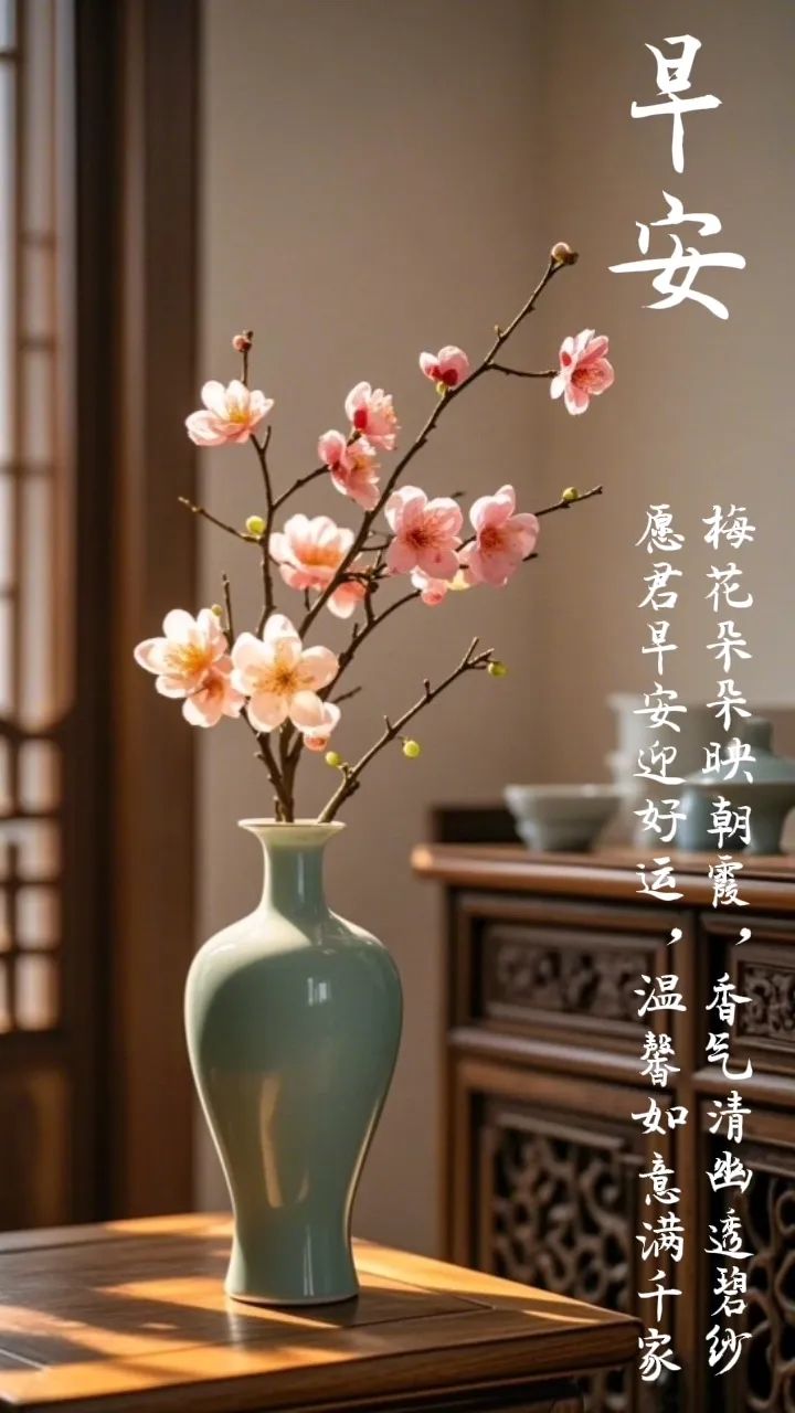 梅花朵朵映朝霞,香气清幽透碧纱. 愿君早安迎好运,温馨如意满千家.