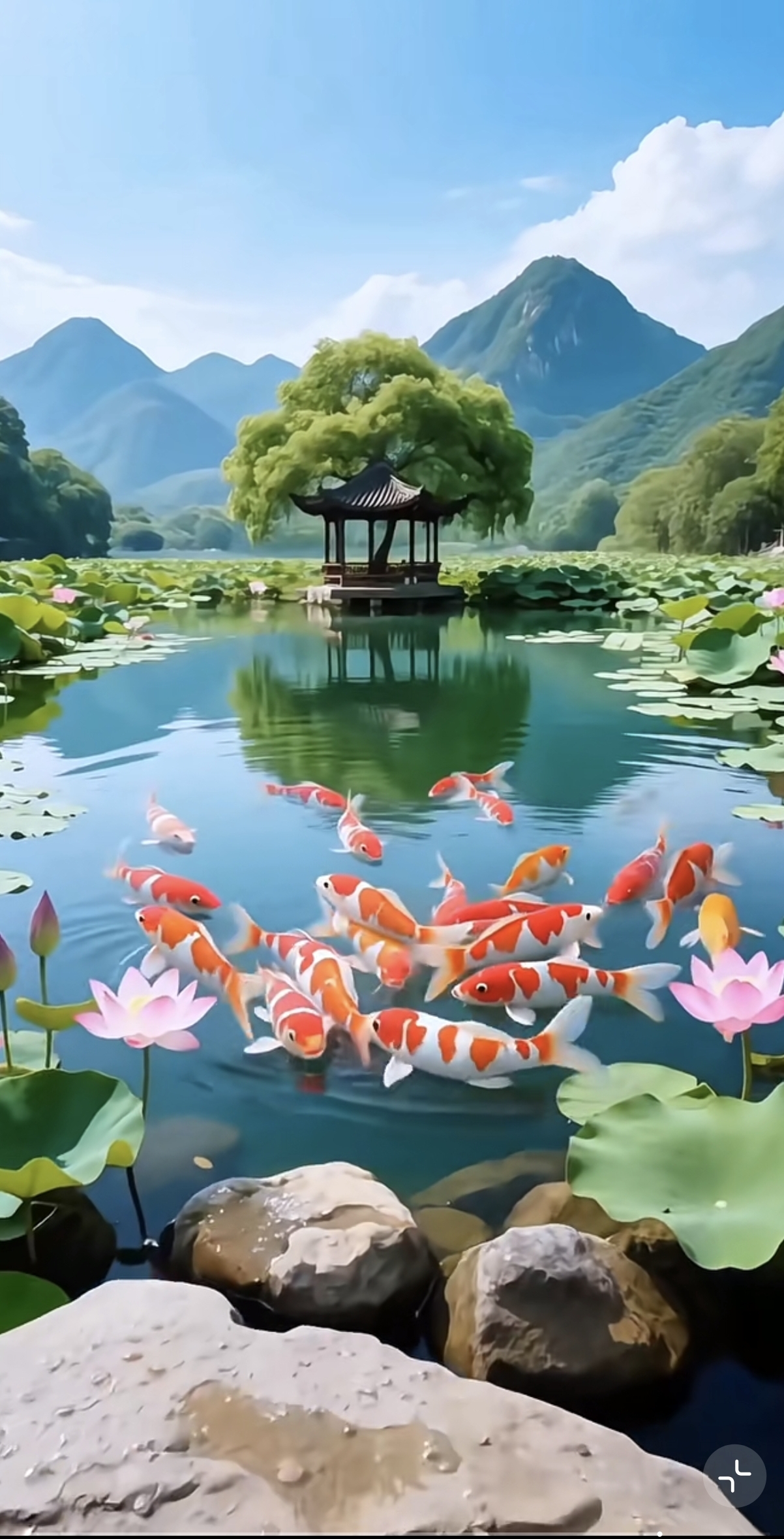 一池锦鲤戏莲间,山水作伴纳财源