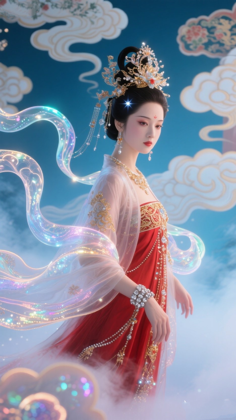 天宫南天门腾起浅色祥云,薄纱般的云层裹着氤氲仙气