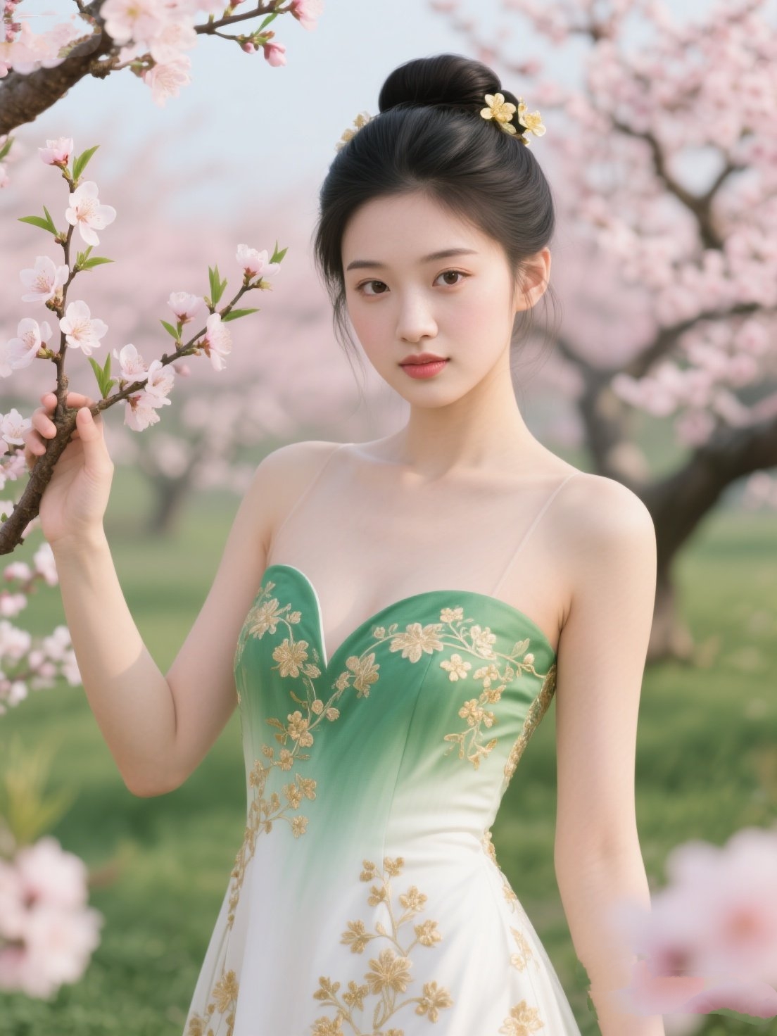 身姿优美挺拔手扶桃枝轻颤花瓣落满肩头与裙角阳光