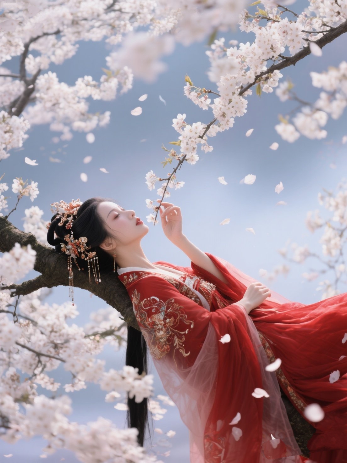 红衣女子斜倚在交错的枝桠间,裙摆铺展如焰,与漫天雪白相映,在暮色中