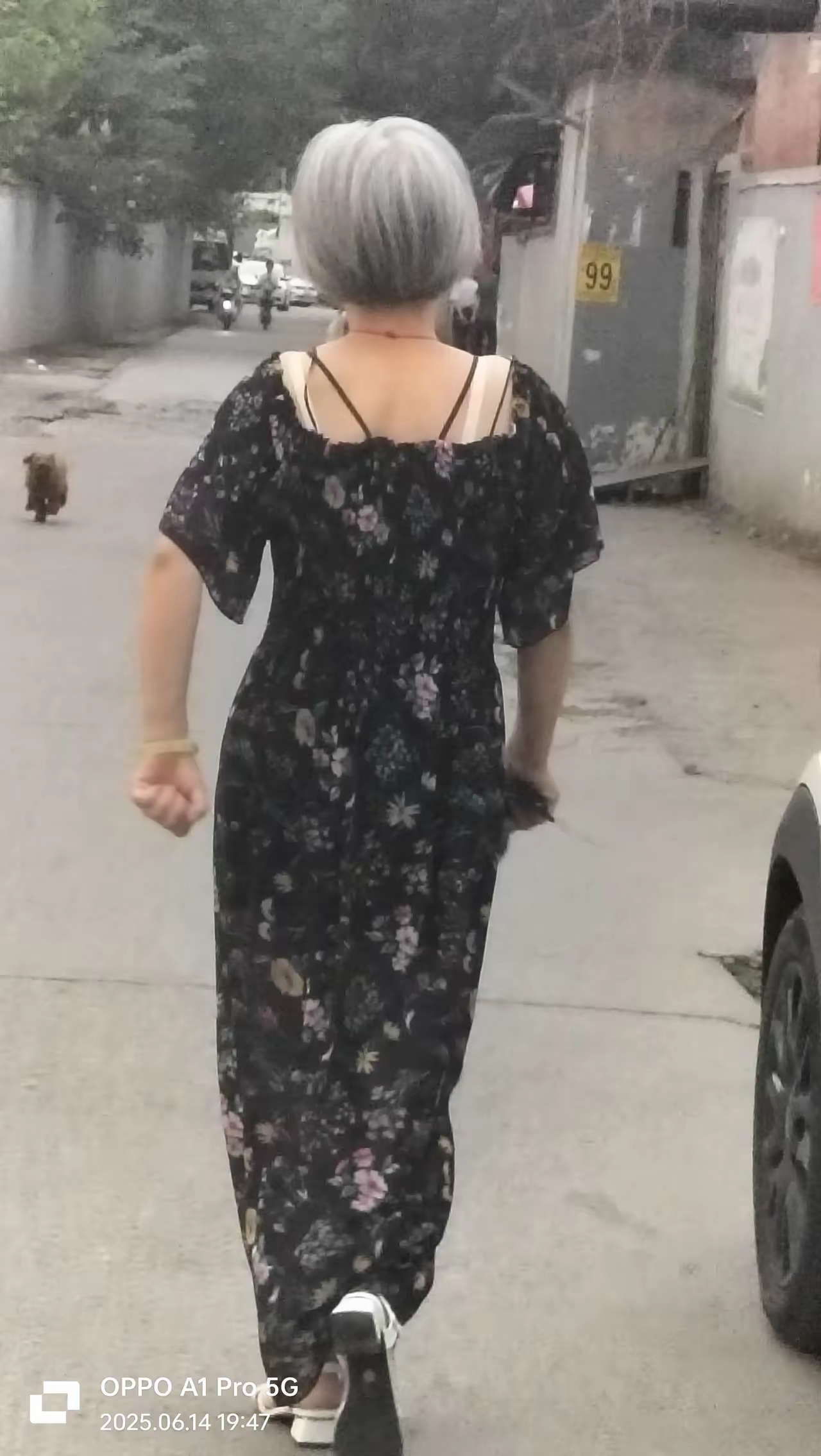 路上看到一个大妈顶着 一头花白头发背部露出一大块凭露出内衣的