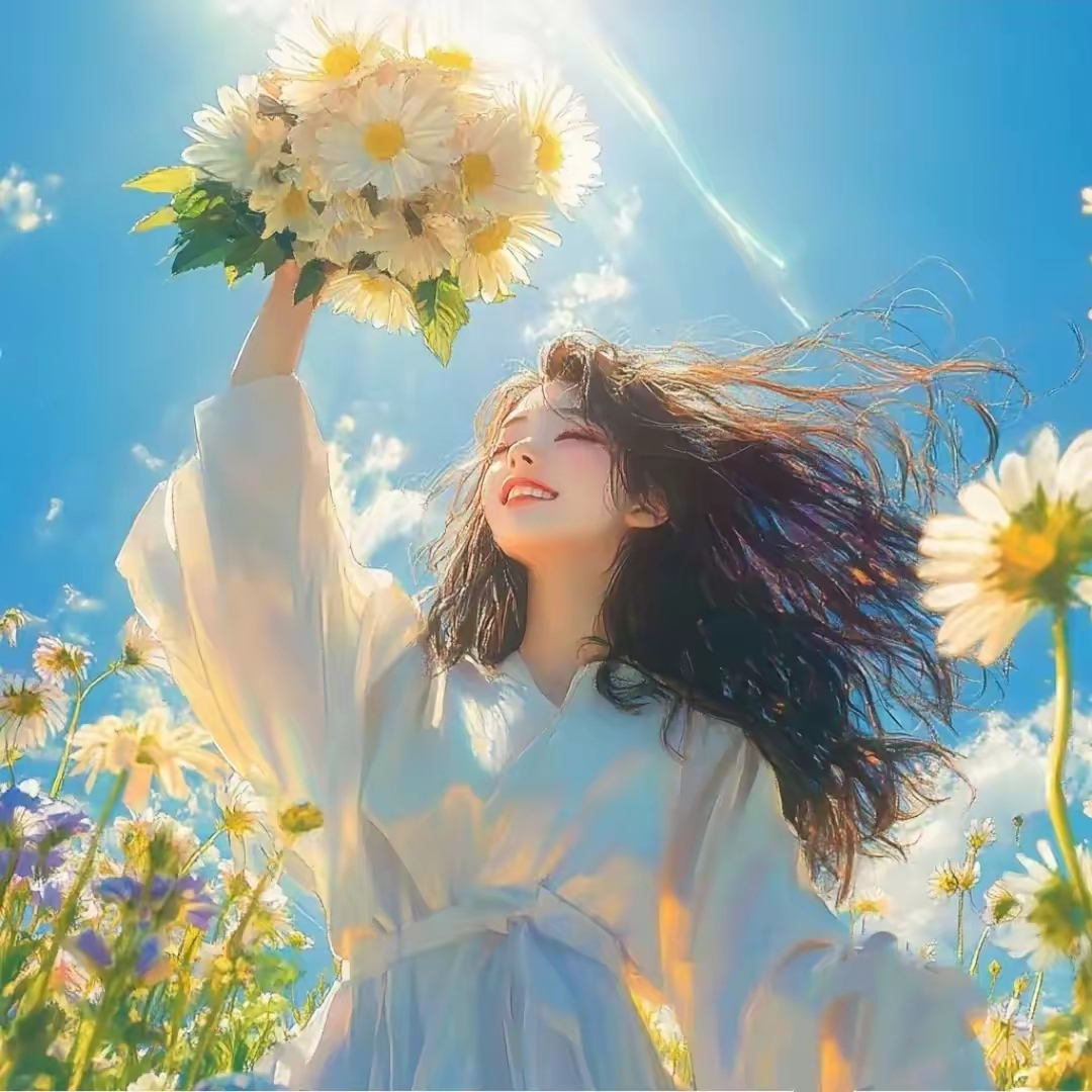 头像分享丨在蓝天白云的映衬下 少女手捧一束鲜花 心情如阳光般明媚