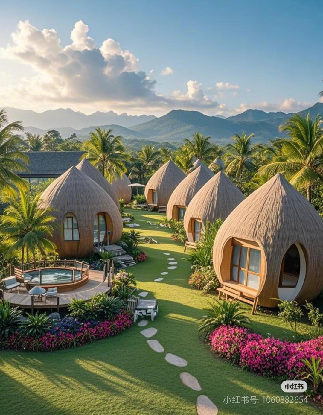 民宿的建筑风格充满热带风情,与椰林融为一体