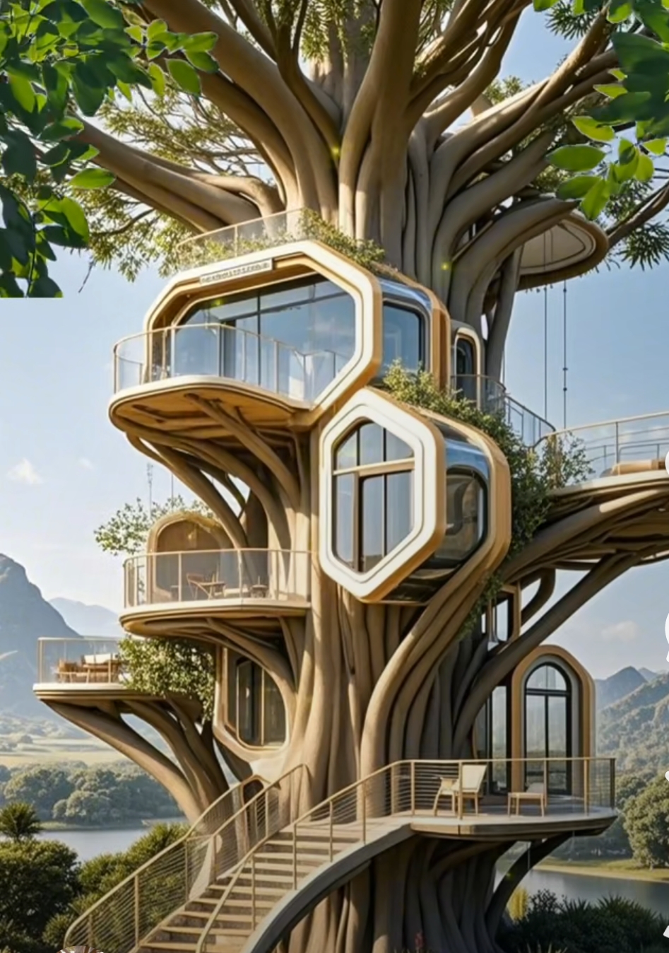 这些小屋依附着粗壮的树干搭建,被繁茂枝叶环绕