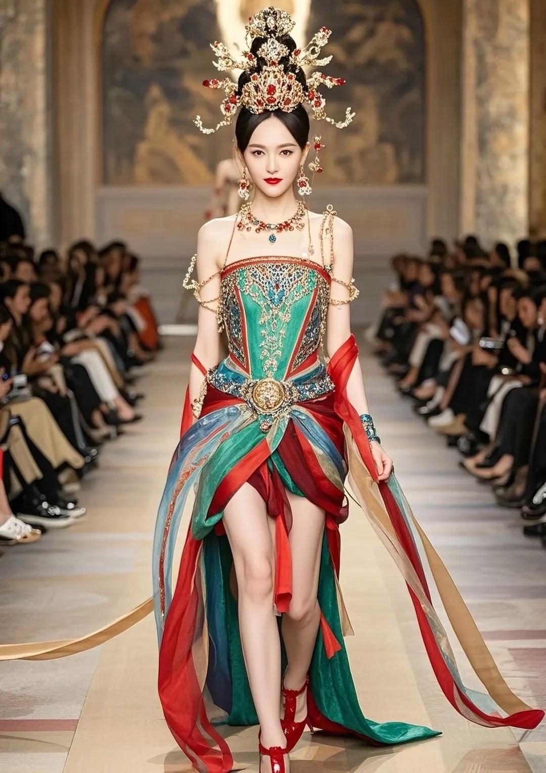 她穿着一条以敦煌飞天为灵感设计的长裙,裙摆和飘带随风灵动地飞舞