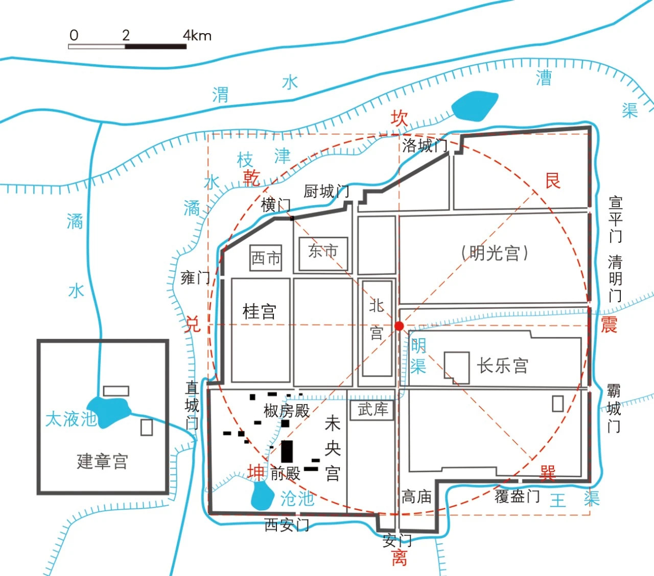 西汉长安城史及布局图 西汉长安城是一座规模宏大的都城,始建于公元前