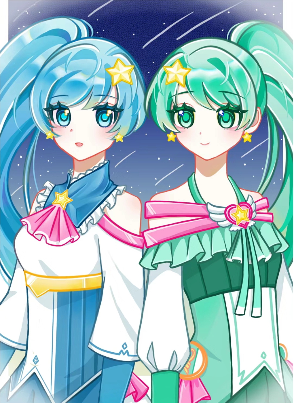 画师:几间秋 当黑暗笼罩双子星时,雅雅与贝贝宛如划破夜空的两道光芒