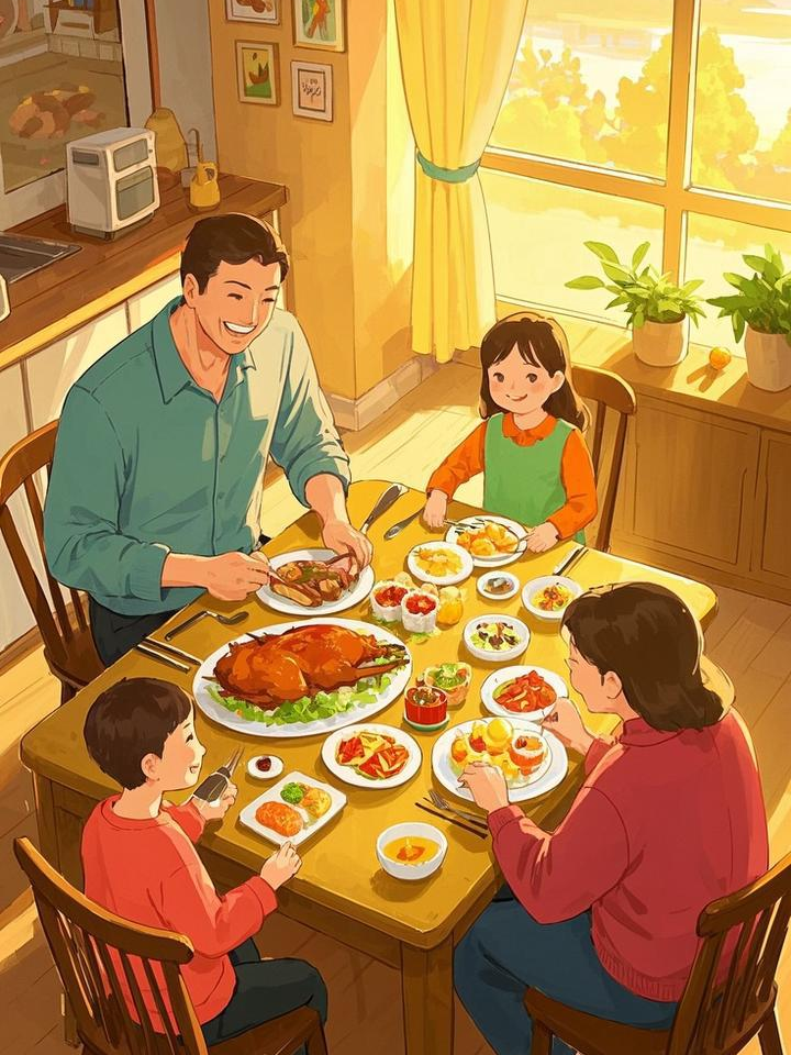 坐喝汤的插画或照片家人闲坐灯火可亲配图幸福的模样爱的晚餐漫画爸爸