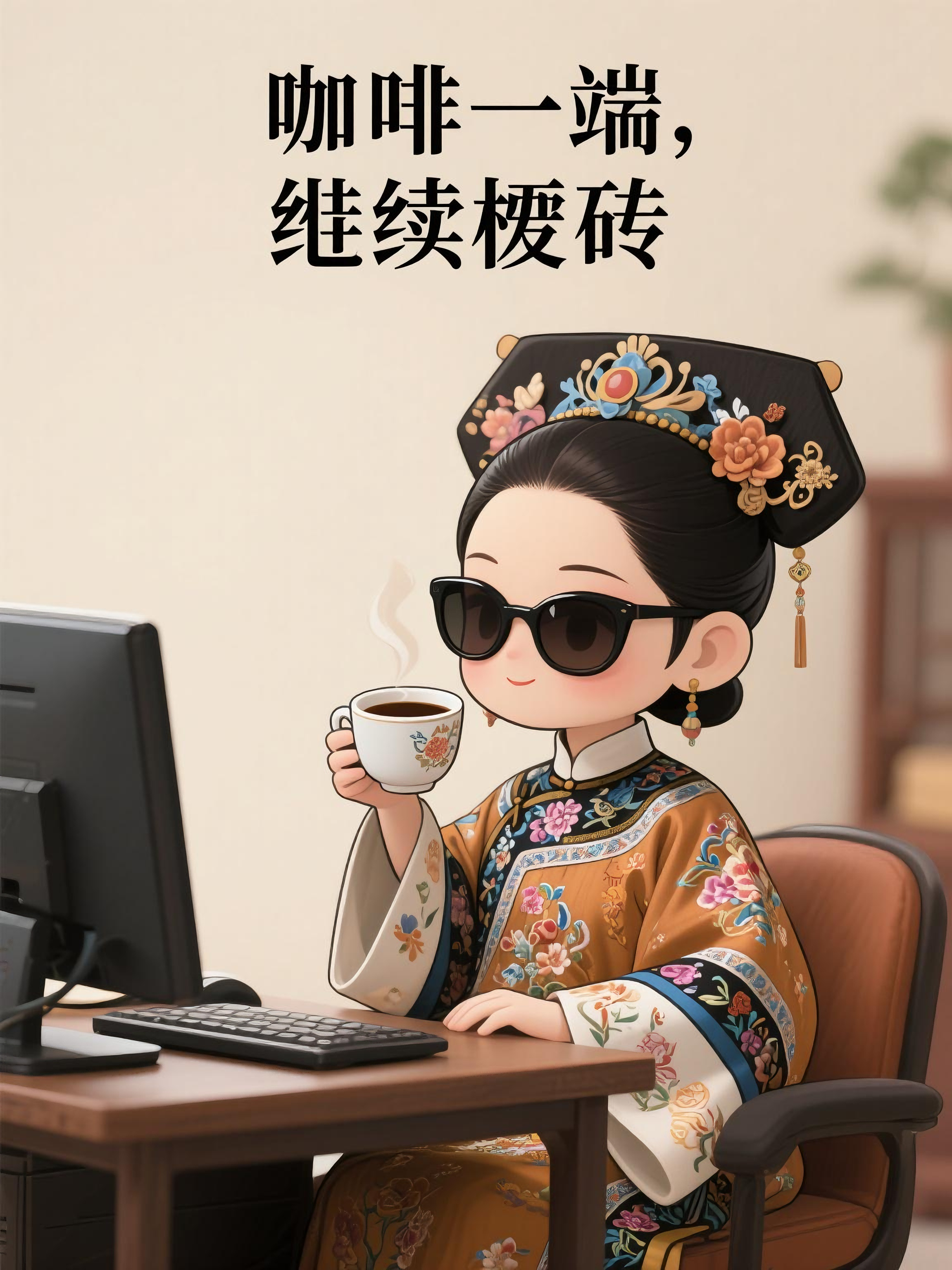 但一口咖啡下肚,立马来劲,嘟囔着"咖啡一端,继续搬