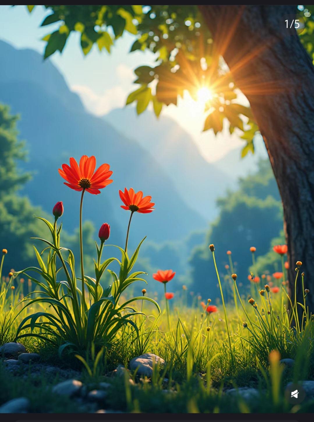 在晨曦的轻抚下,五彩斑斓的花朵于绿草间绽放,阳光洒落,如金色纱幔