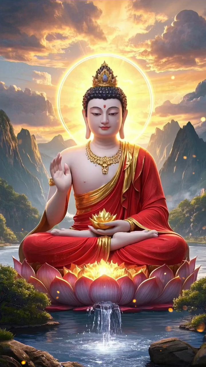 宁静的湖面上,佛陀静坐莲花之上,光辉四射,祥和无比