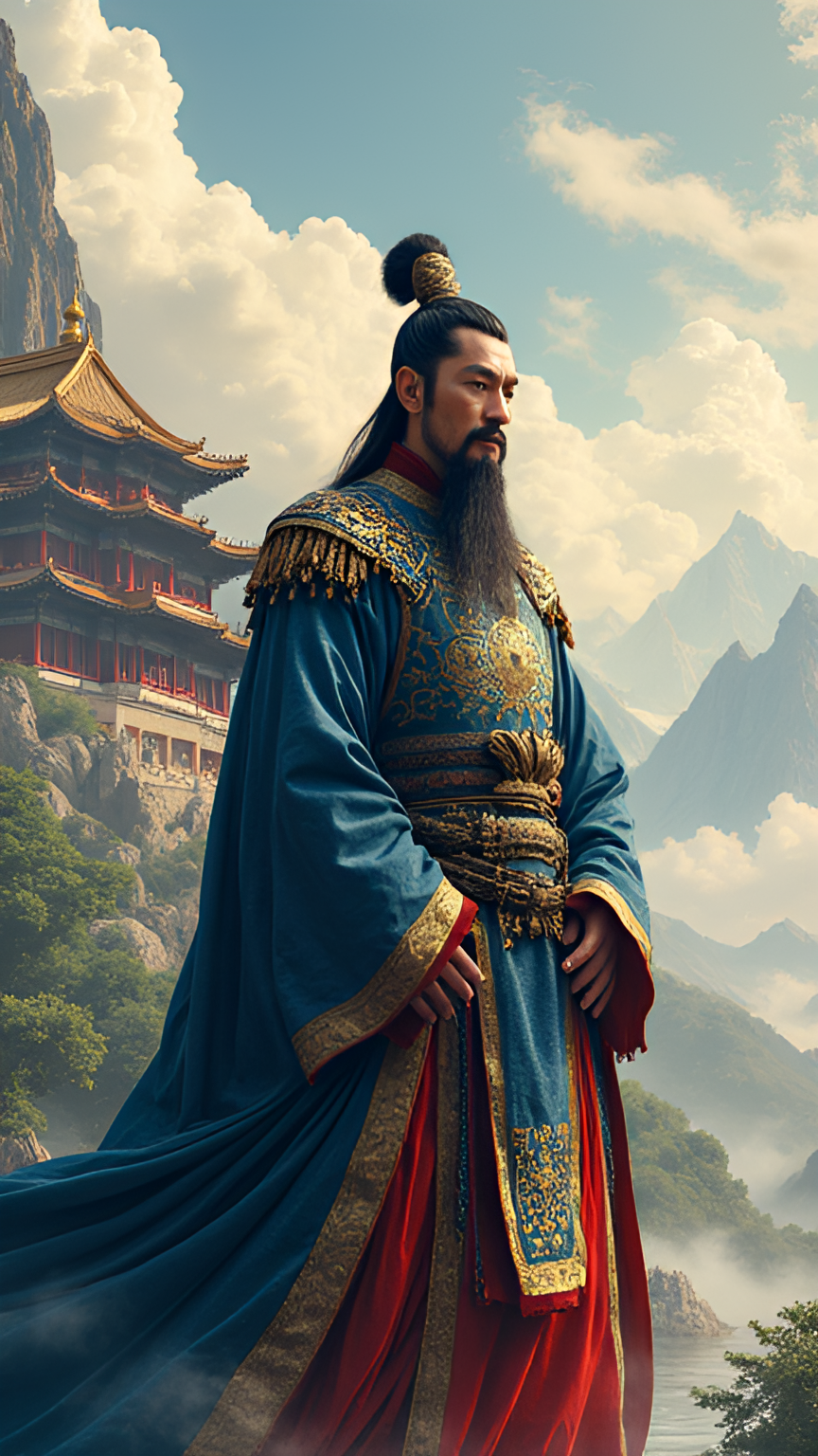 长髯随风微动,目光深邃望向远方,仿佛在思索着天下苍生