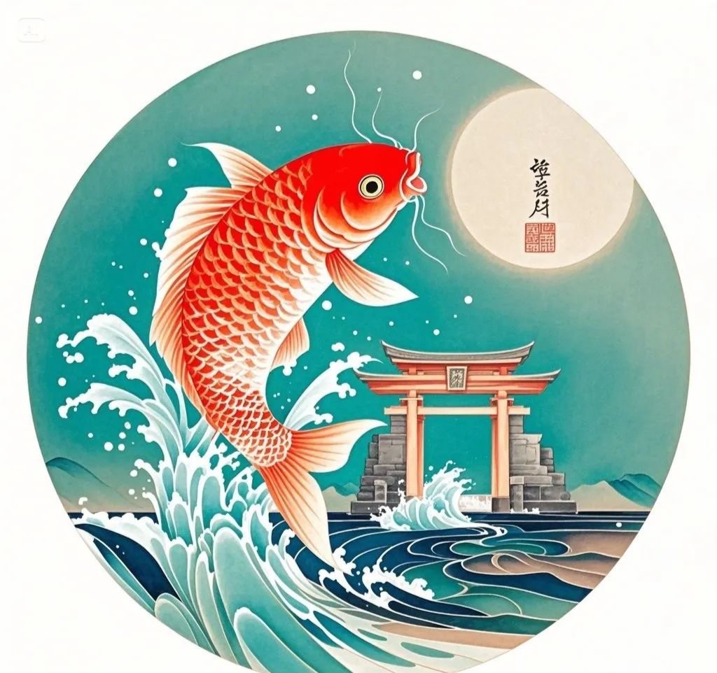 国画岩彩风工笔画【鲤鱼跃龙门】太美了,你一定喜欢!