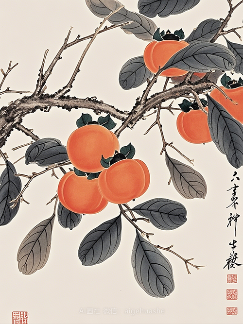 工笔画,国风古韵之柿柿如意