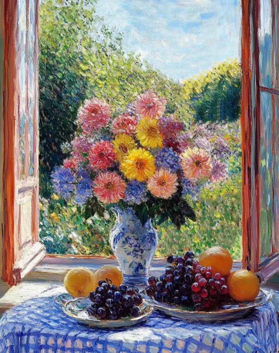 印象派油画《窗边花瓶》