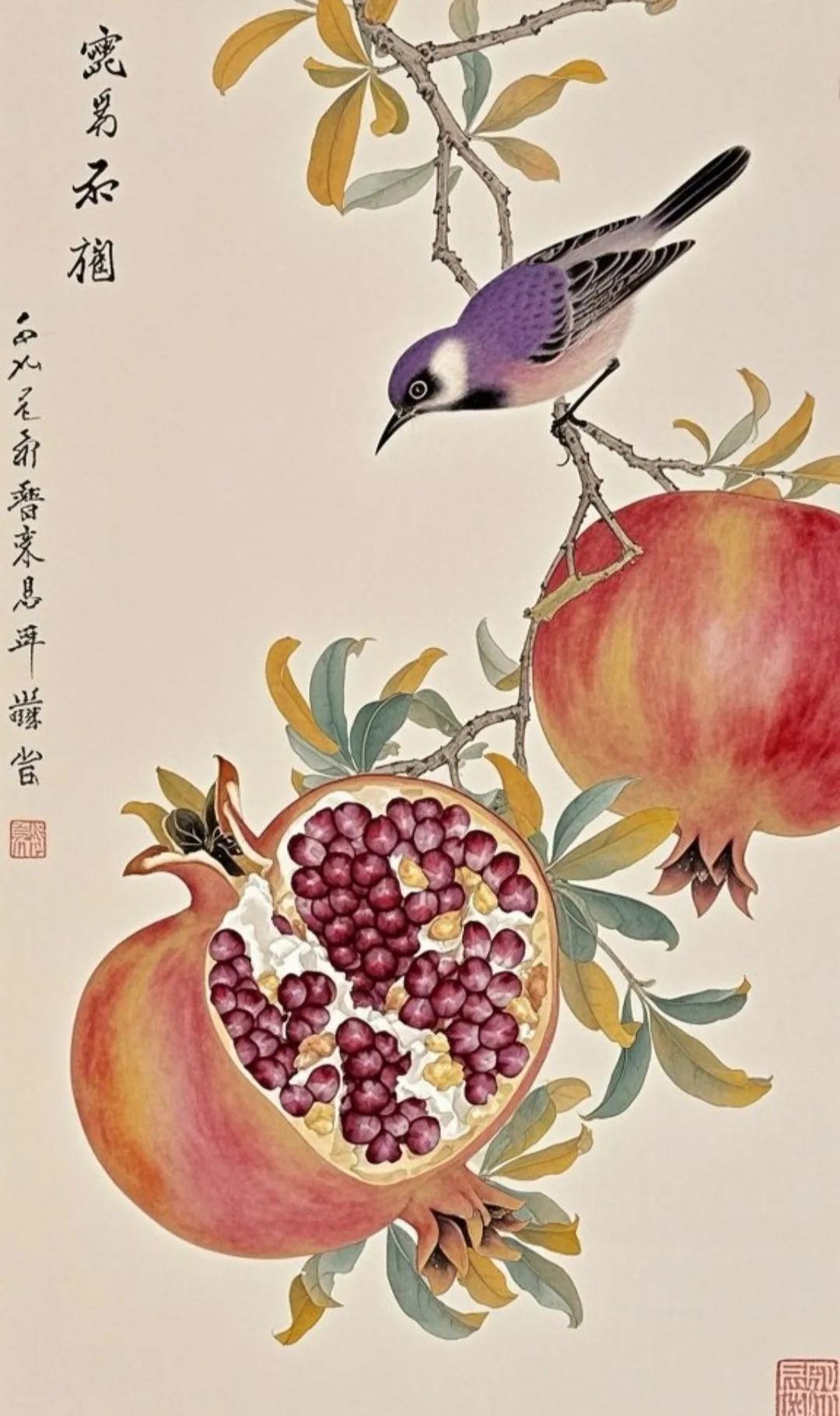 古风工笔国画临摹石榴,太美啦!快收藏起来慢慢画