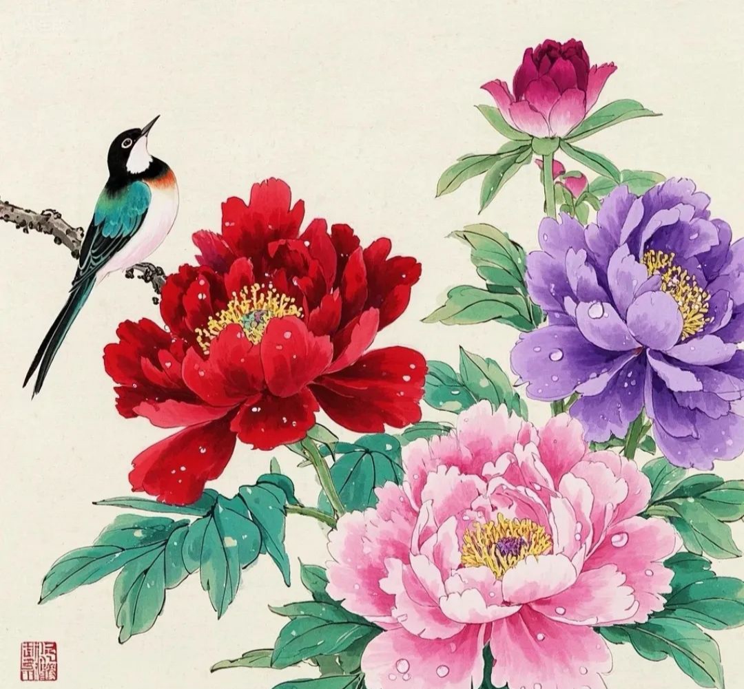 重彩高清牡丹工笔临摹国画图分享,喜欢的朋友不要错过