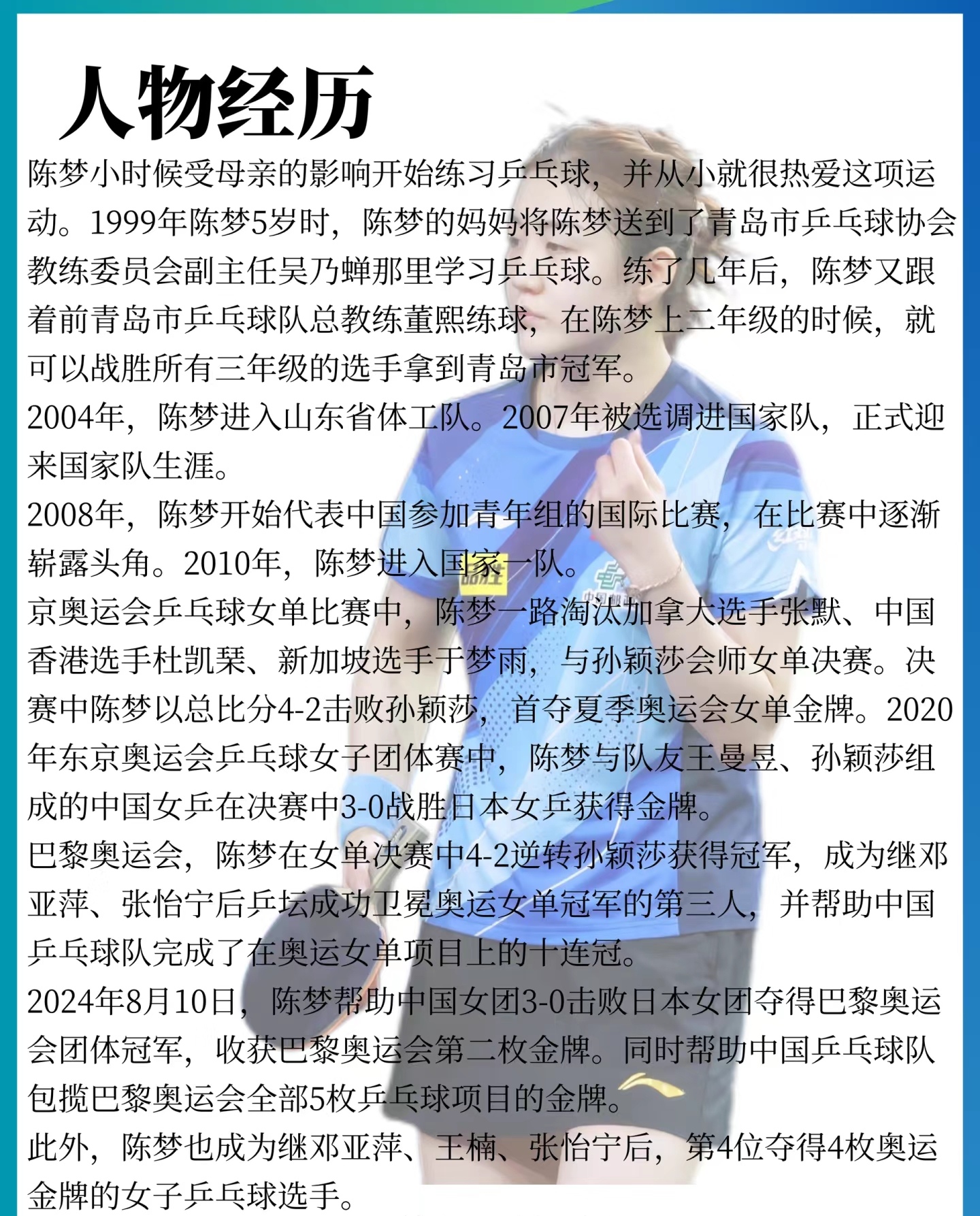 乒乓球运动员陈梦 姓名:陈梦 英文名:chenmeng