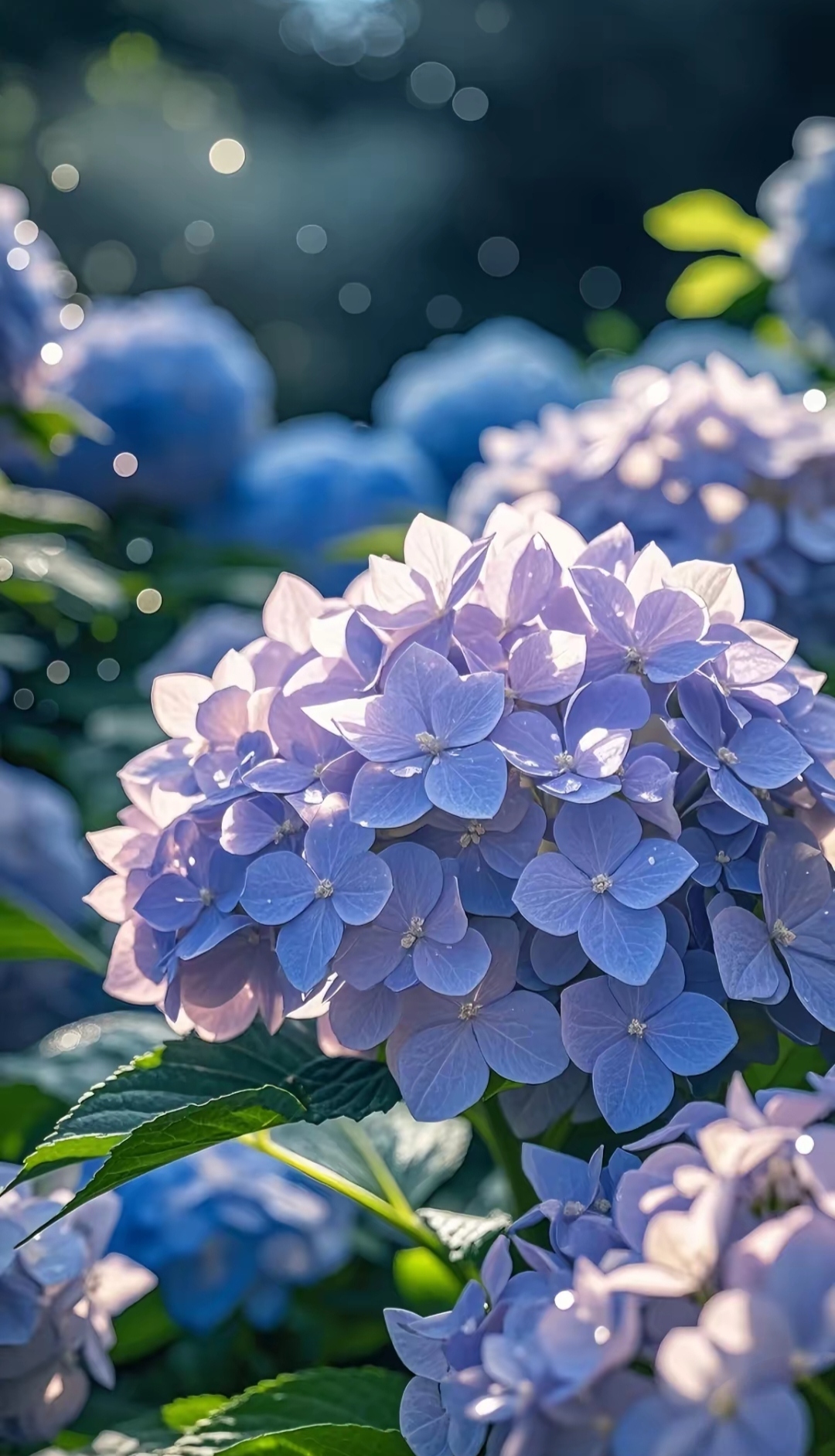 蓝色绣球花在路边恣意怒放,如繁星坠地,远远处炊烟袅袅升起,与晚霞