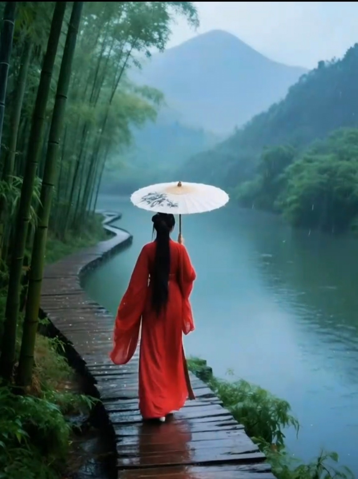 她一袭红衣,撑伞徐行在木栈