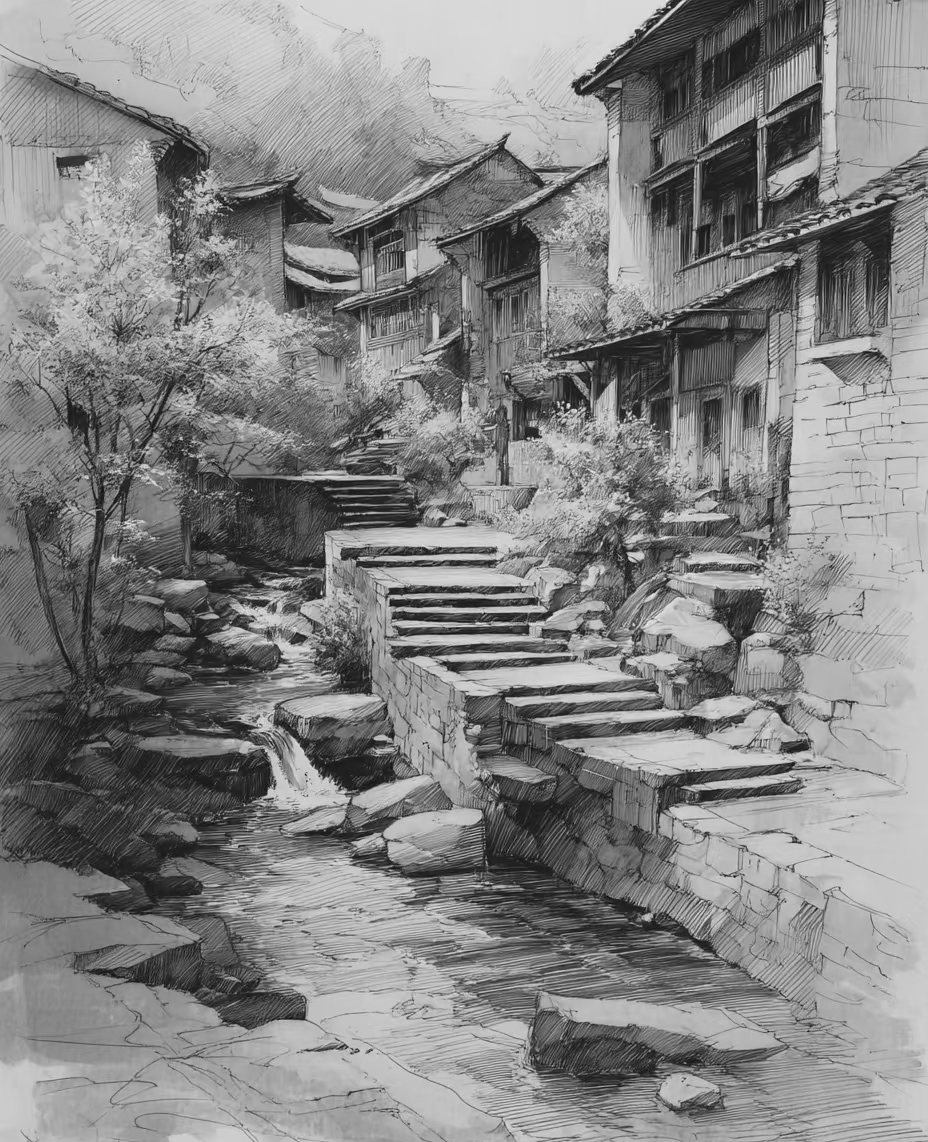 绘笔拾忆:今天教新手小白该如何画好一幅老村风景素描