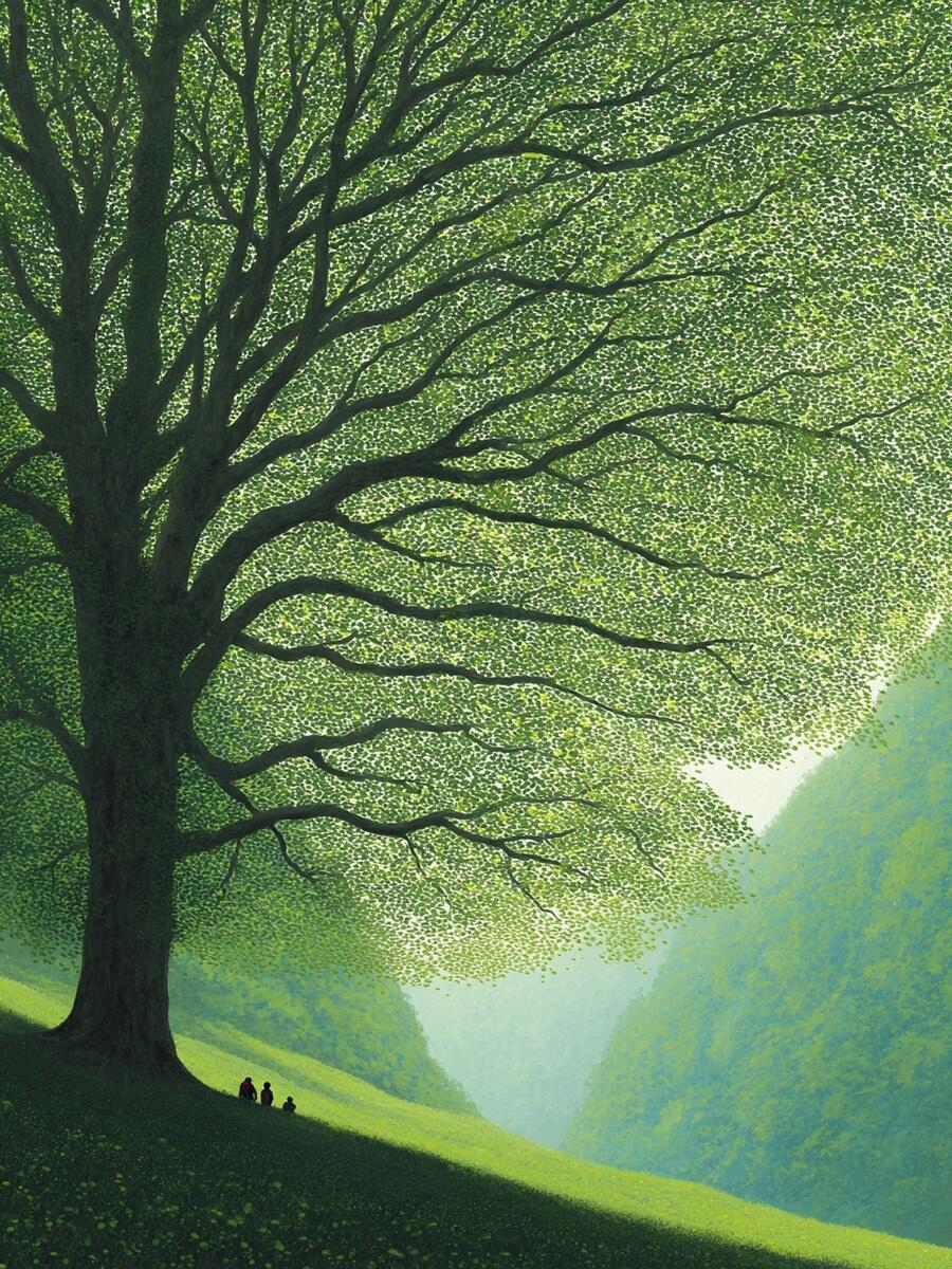 画面中,一棵大树如绿色华盖,枝叶繁茂