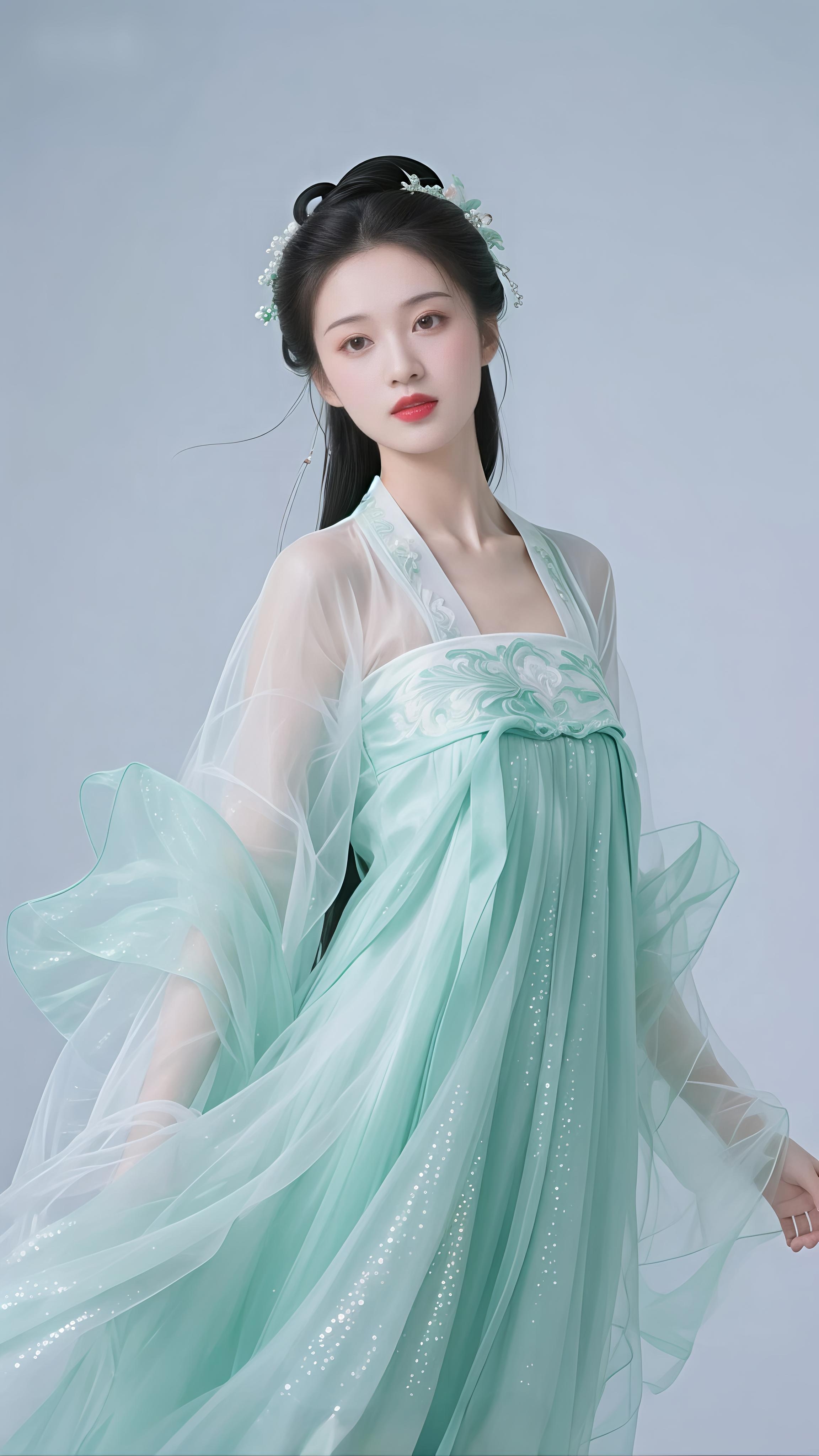 齐胸襦裙上的刺绣,似裁下江南的荷瓣,在薄纱闪银里晕出古典的梦