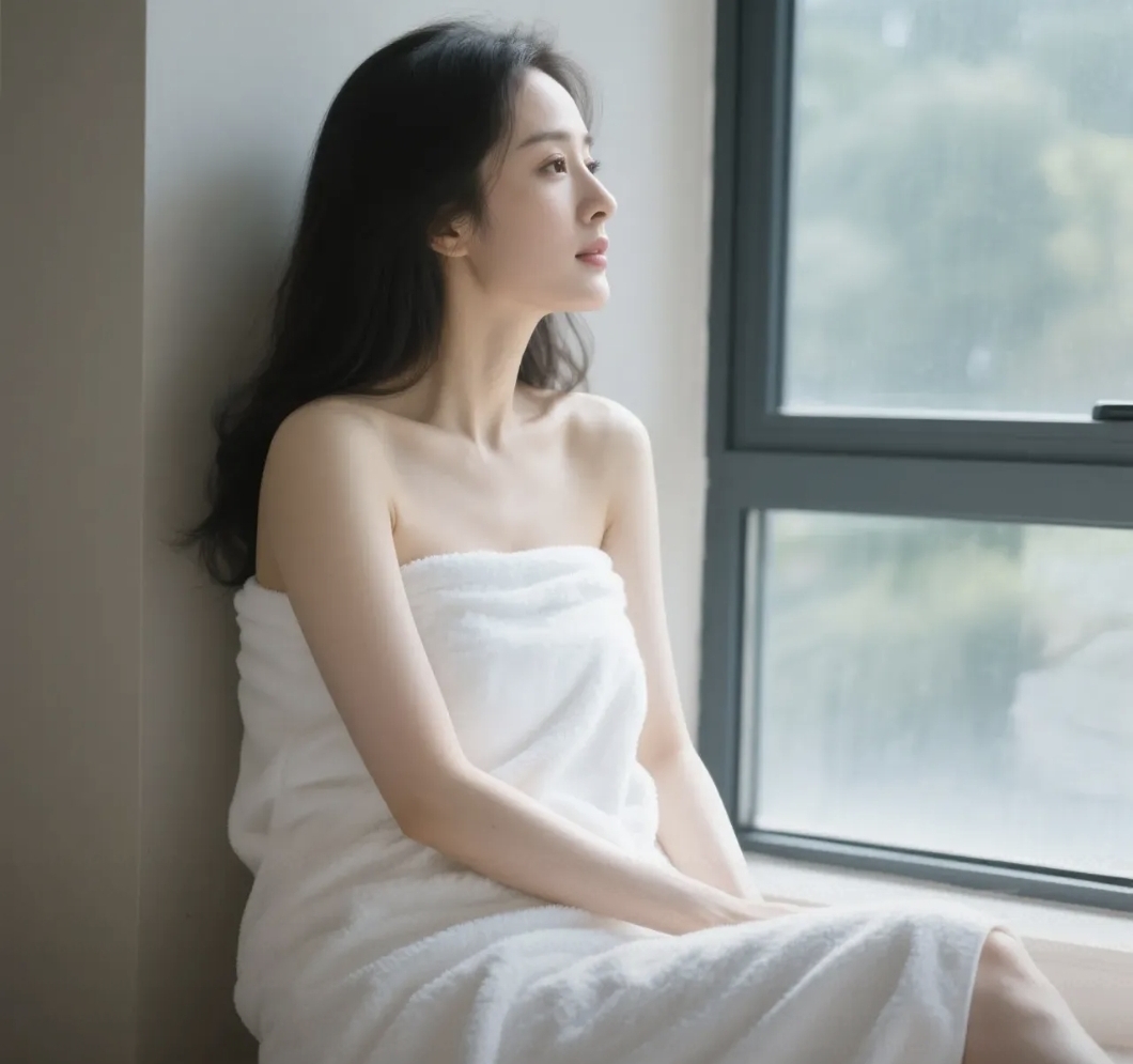 杨幂裹着白色浴巾,披发过肩,犹如水出芙蓉般的美丽,散发迷人的香气