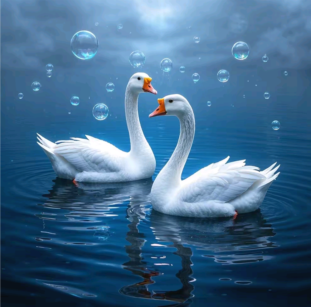 白鹅戏水   澄澈波间雪影悠,双鹅嬉闹逐波流