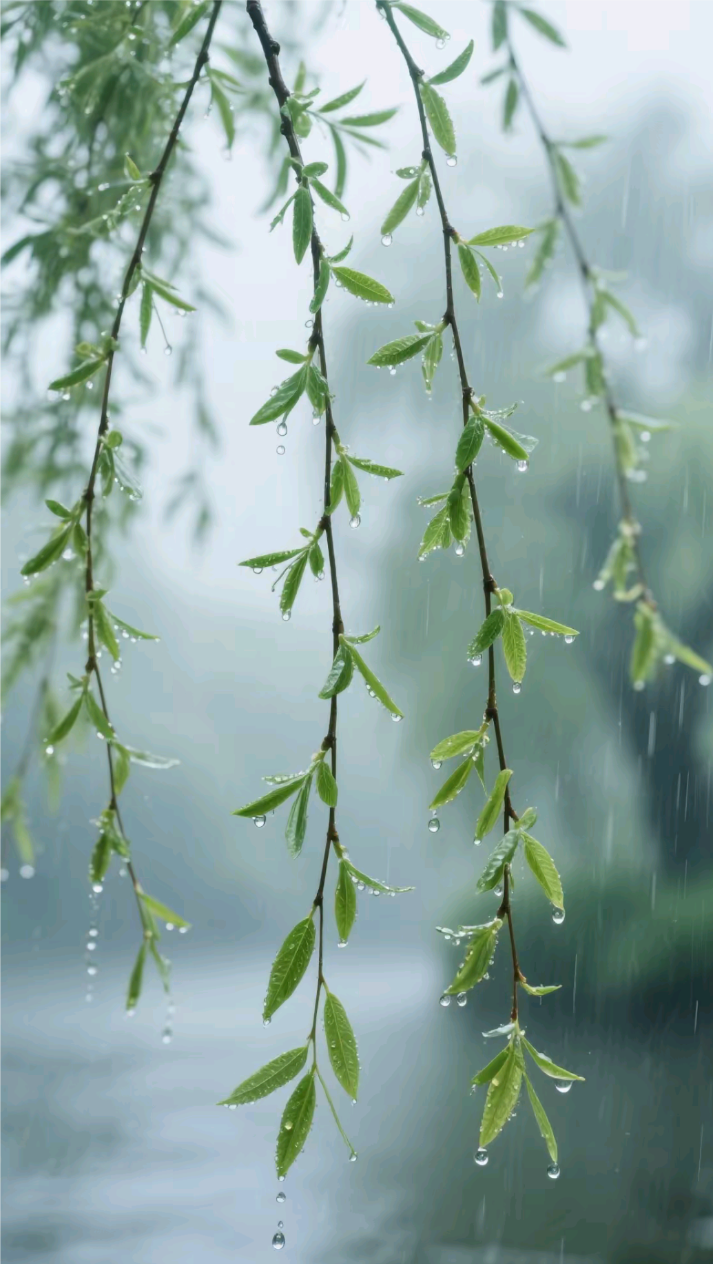 雨中垂柳   细雨如丝织晓烟,柔条拂水弄晴川
