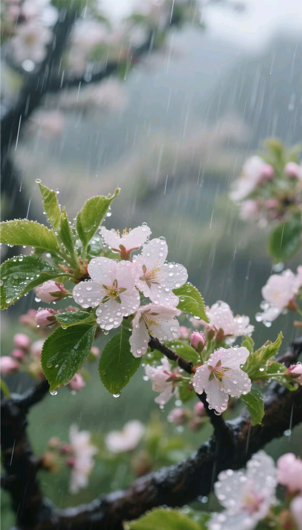 雨中杏园   细雨如丝润物轻,杏枝垂露泪将盈
