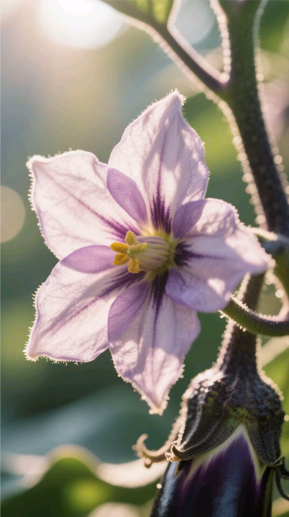 观茄子花   柔阳暖抚绽茄花,淡紫娇姿若梦华