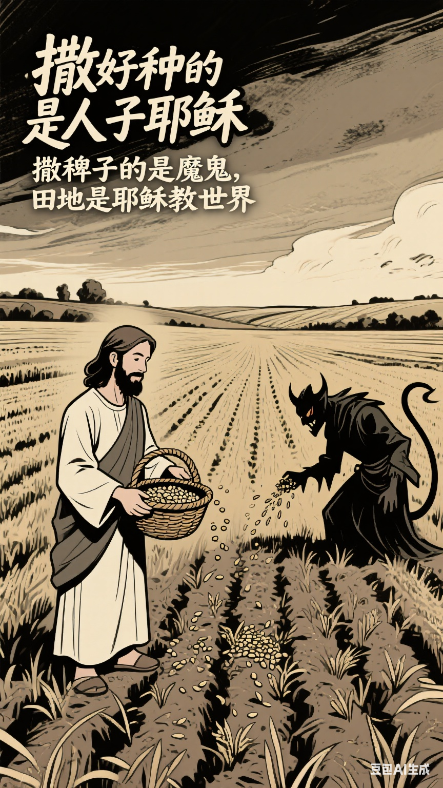 撒稗子的是魔鬼,田地是耶稣教世界,好种是真神的儿子,稗子是基督教