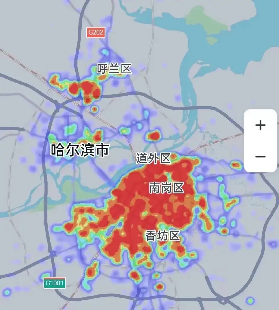 沈阳,哈尔滨和长春3城热力图对比,沈阳无疑是最大的,不愧是东北综合