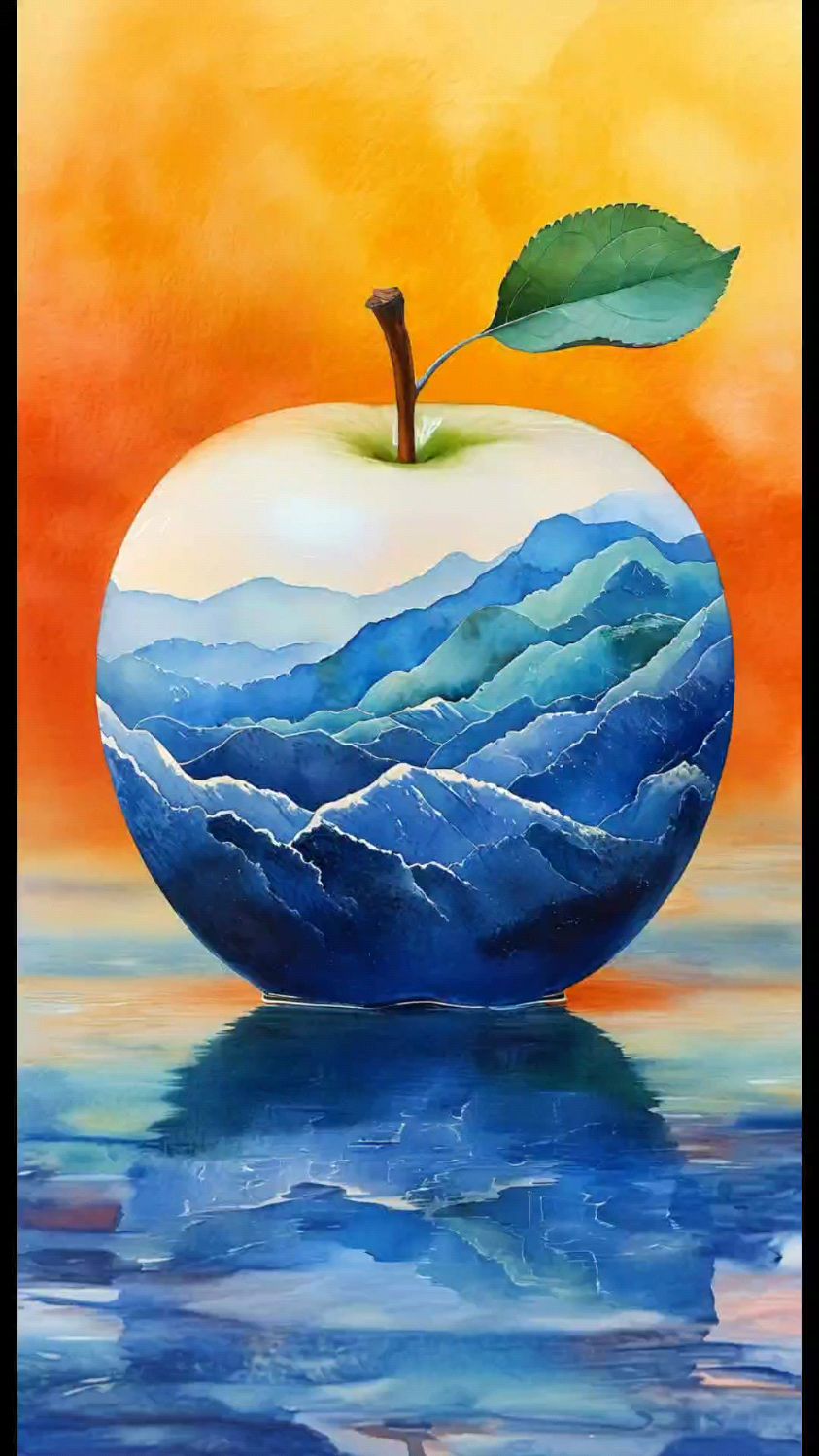 一个苹果,立体,大面积水彩晕染,极简构图,大面积留白,青花瓷