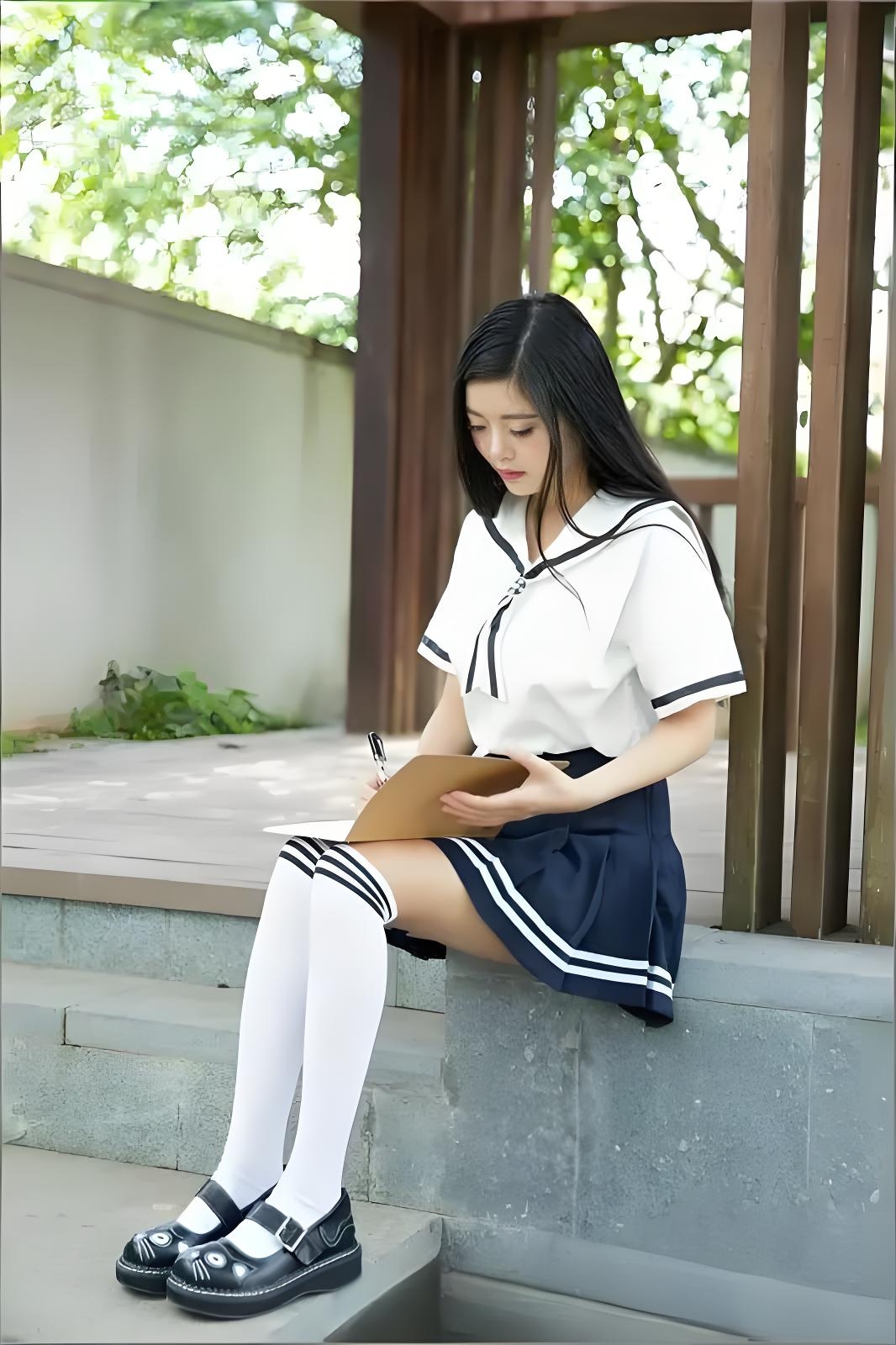 她身着经典的水手服,白衬衫配藏蓝百褶裙,条纹过膝袜与可爱的黑猫皮鞋