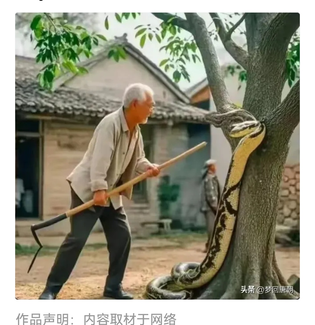 山西农村一位84岁高龄的老大爷,见到一条大蟒蛇盘踞在自己家院子的