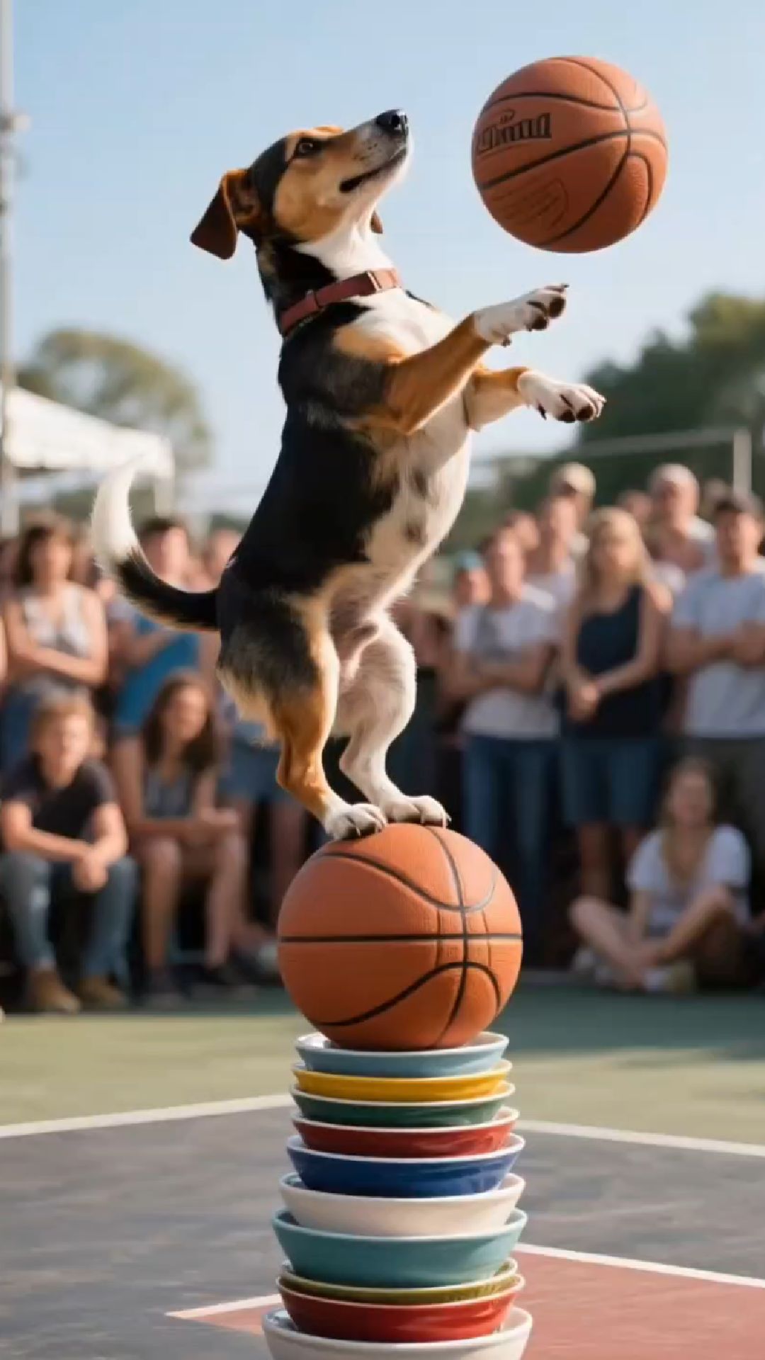 彩碗叠出三米高!看这只狗如何化身篮球杂技王