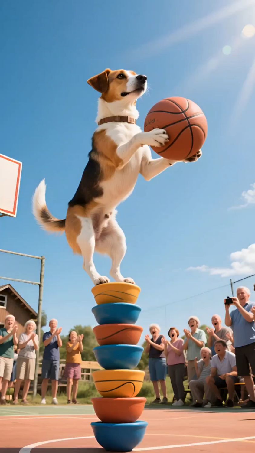 篮球场神操作!小狗叠碗投篮,这技能绝了