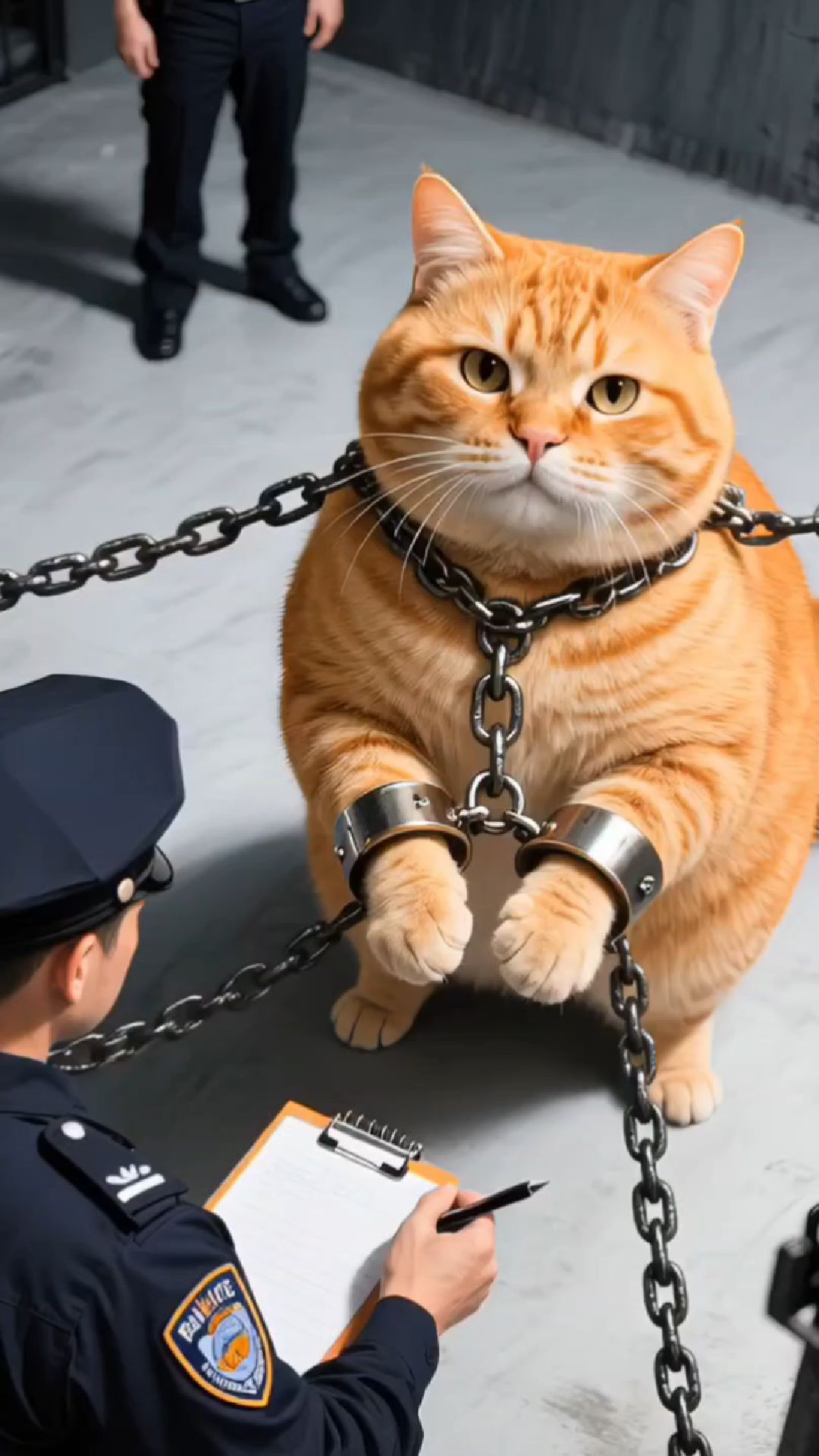 大橘猫"入狱"名场面!戴手铐铁链,警察审讯太有戏