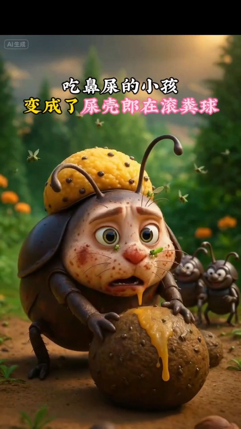 儿童睡前故事《吃鼻屎的小孩变成了屎壳郎在滚粪球》