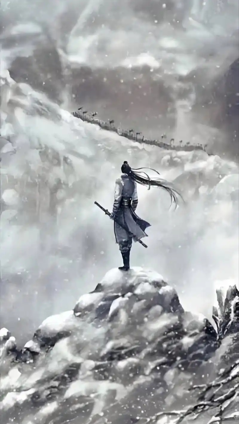 古风孤独背影男人长发飘起古装站立山顶图片大全一男人站雪地悬崖望